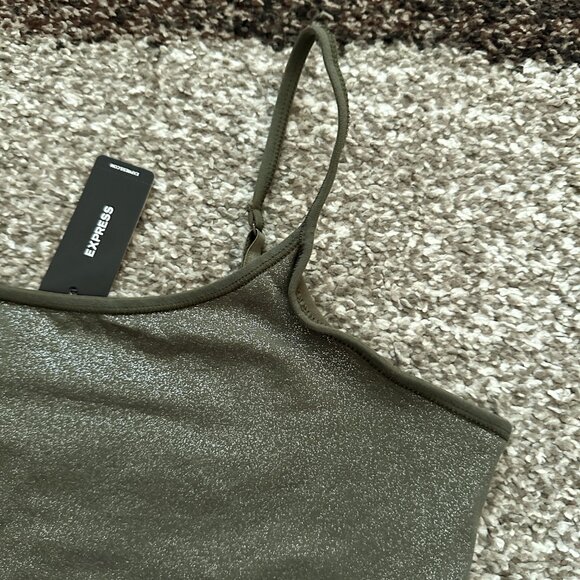 EXPRESS (M) Olive Green Shine Best Loved Bra Cami Fitted Tank Glitter Silver - Picture 6 of 12